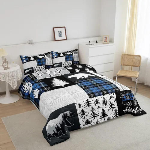 Miniatura 45 de Juego de edredón de cuernos de ciervo tamaño individual, juego de ropa de cama rústica de granja con huellas de oso y pinos para decoración