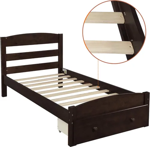 Miniatura 6 de SOFTSEA Base de cama de tamaño individual con cajones de almacenamiento, plataforma de madera maciza moderna de mediados de siglo con cabecero,