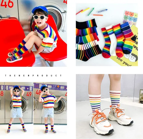 Miniatura 3 de EIAY Shop Calcetines de algodón con rayas arcoíris para niños y niñas grandes