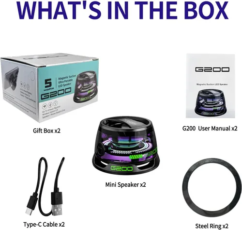 Miniatura 8 de Altavoz Bluetooth magnético G200 con luz RGB - Mini altavoz Bluetooth portátil, sonido estéreo de rango completo para 7 horas de reproducción, modo