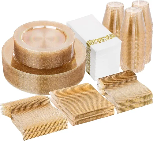 Miniatura 15 de Juego de vajilla dorada de 700 piezas, juego de vajilla desechable transparente para 100 invitados para fiestas, bodas, incluye: 200 platos Dorado