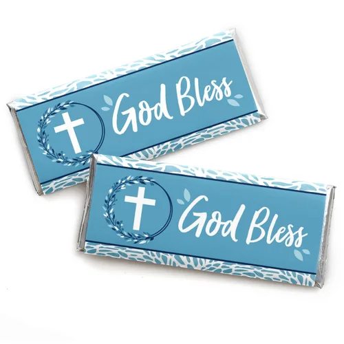 Big Dot of Happiness Blue Elegant Cross - Envoltura de barra de caramelo para niños, regalos de fiesta religiosa - Juego de 24