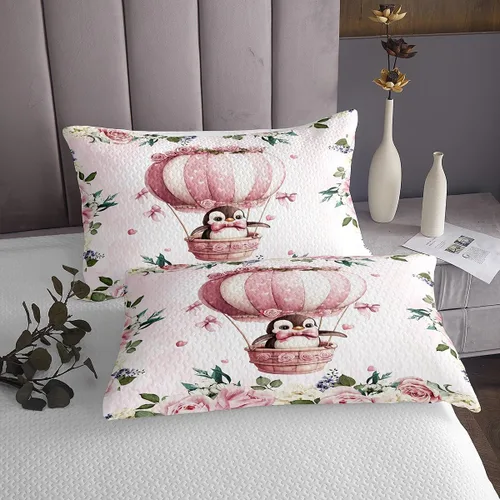 Miniatura 3 de Manfei Lindo pingüino para niños, tamaño individual, juego de colcha de princesa con lazo rosa con globo aerostático, decoración de habitación