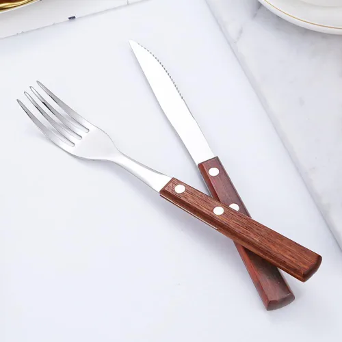 Miniatura 7 de Juego de 20 cubiertos de acero inoxidable con mango de madera maciza para 4 personas, cuchillo para carne, cuchara de postre (oscuro)