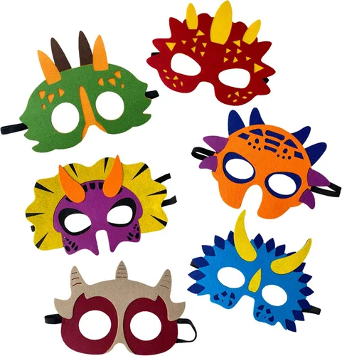 Miniatura 5 de TEEHOME Máscaras de dinosaurio para fiestas (24 paquetes) de fieltro y elástico para niños, decoraciones de fiesta de dinosaurios con 24 máscaras