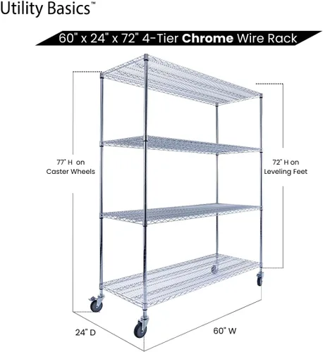 Miniatura 7 de NSF - Estantería comercial de alambre de 4 niveles con ruedas, estantes de metal resistente de 60 x 24 x 72 pulgadas, capacidad máxima de 3200 Negro