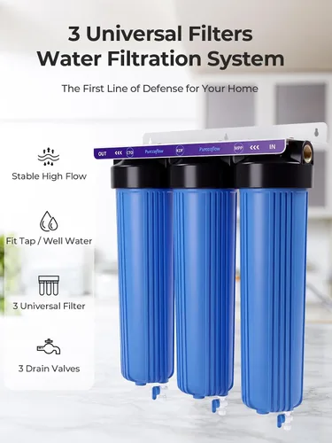 Miniatura 2 de Sistema de filtro de agua de 3 etapas para toda la casa, reducción de metales pesados, 20 x 4.5 pulgadas, incluye bloque de carbono PP, KDF y CTO