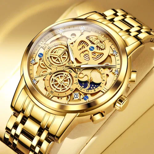 Miniatura 2 de OLEVS Reloj de pulsera para hombre, esqueleto de acero inoxidable, cronógrafo de cuarzo de lujo, impermeable, relojes luminosos para hombre