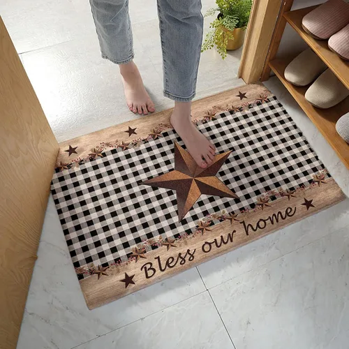 Tapetes de baño antideslizantes para baño, alfombra de baño antideslizante Bless Our Home Western Texas Star con bayas en cuadros negros retro,