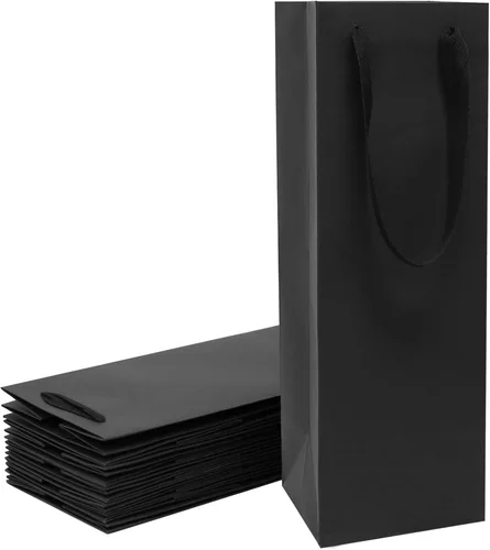 Aimyoo Bolsas para botellas de vino negro de 4 x 4 x 14 pulgadas, paquete de 10 bolsas de regalo grandes de papel kraft con asas a granel