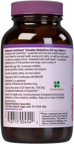 Miniatura 3 de Bluebonnet EarthSweet Metilfolato 800 mcg Coenzima activa celular 5-MTHF L Suplemento de metilfolato - Soporte prenatal y energético* - Sin OMG