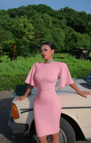 Miniatura 5 de Memoriesea - Vestido midi entallado con mangas cortas acampanadas con volantes para mujer