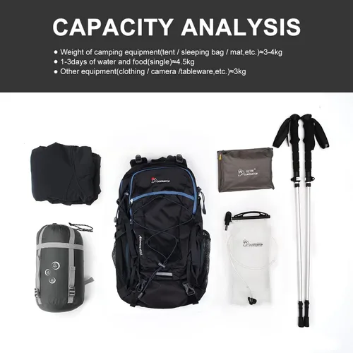 Miniatura 4 de Mochila de senderismo Mountaintop de 25 L/40 L, mochila ligera de viaje para hombres y mujeres, mochila para acampar al aire libre Negro+Azul