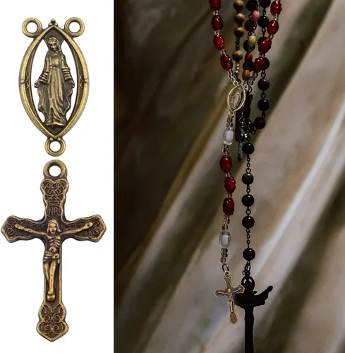Miniatura 5 de 40 piezas de rosario de aleación tibetana con cruz y centro de María Milagrosa Medalla Jesús Crucifijo Crucifijo y eslabones ovalados de araña