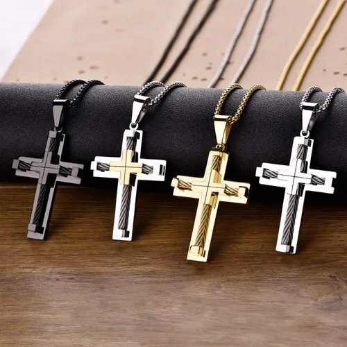 Miniatura 5 de YL Collar de cruz para hombre de acero inoxidable 316L con colgante grande de Jesucristo, color blancodoradonegro, cadena Rolo para 20, 22, 24, 26