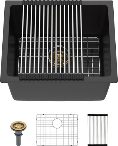 Miniatura 47 de Sarlai 21 Fregadero de Cocina Negro Compuesto de Granito - 21 x 18 Pulgadas Fregadero de Barra de Preparación de Trabajo Compuesto de Cuarzo