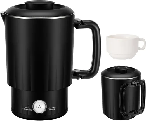 Hervidor eléctrico portátil de viaje, hervidor de agua pequeño de 20.3 fl oz con taza de cerámica, caldera de agua de acero inoxidable 304 con doble