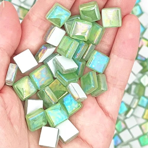 Miniatura 5 de Azulejos de mosaico de cristal cuadrados de 1.1 libras, azulejos de mosaico de vidrio iridiscentes para manualidades, piezas de mosaico, Verde