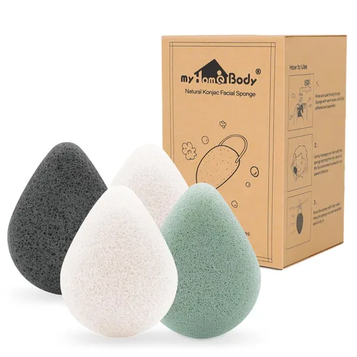 Miniatura 8 de myHomeBody Esponjas faciales naturales Konjac – forma de lágrima – para una limpieza y exfoliación facial suave – con carbón activado y aloe vera