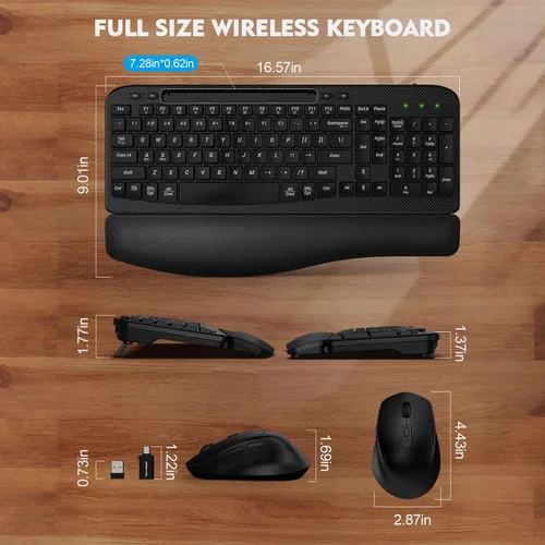 Miniatura 2 de Juego de teclado y mouse inalámbrico, teclas de onda de tamaño completo, teclado ergonómico con reposa muñecas acolchado, soporte para teléfono