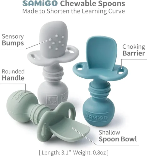 Miniatura 3 de SAMiGO Utensilios de silicona para bebés – Cucharas de autoalimentación y pequeña taza de entrenamiento – Suministros de destete LED para bebés