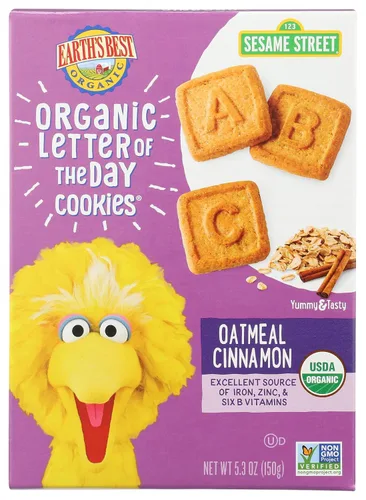 Earth's Best Galletas orgánicas de la letra del día para niños de 2 años en adelante, sabor a canela y avena, caja de 5.3 onzas