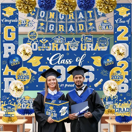 Miniatura 2 de Decoraciones de graduación de la clase de 2026, decoraciones de graduación azul y dorado con pancarta de felicitaciones, telón de fondo, letrero