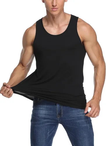 Miniatura 2 de COLORFULLEAF Camisetas sin mangas de rayón de bambú para hombre, camisetas sin mangas elásticas con cuello redondo (1 o 3)