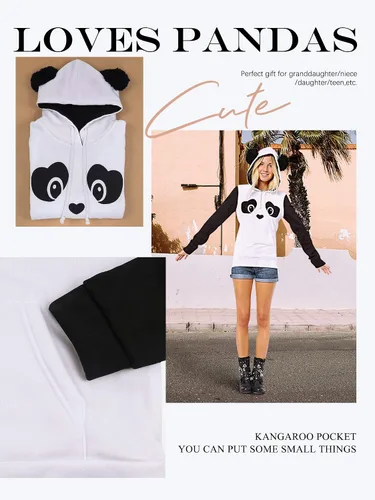 Miniatura 3 de ZXZY Sudaderas con capucha de manga larga con estampado de panda de mezcla de algodón para mujer, Blanco