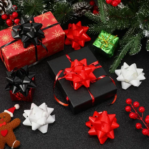 Miniatura 4 de Riceshoot 48 lazos de regalo autoadhesivos de Navidad con 8 rollos de cintas rizadoras de 3 pulgadas, lazos metálicos de Navidad para regalo