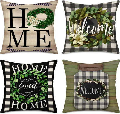 Fukeen Juego de 4 fundas de almohada vintage a cuadros de búfalo con texto en inglés "Welcome Home Sweet Home" con frase "Welcome Home Sweet Home",