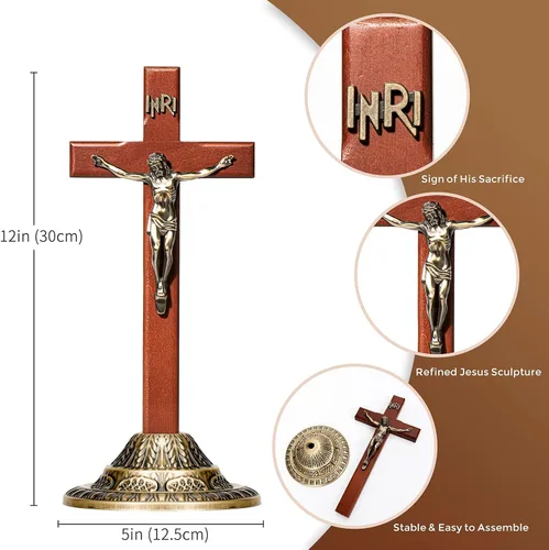 Miniatura 2 de ACHIBANG Crucifijo de pared de 12 pulgadas con soporte, cruz de Jesús católica de pie y colgante de madera con INRI para el hogar o la sala