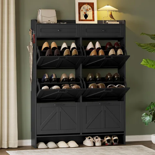 Miniatura 15 de BORNOON Gabinete de Almacenamiento de Zapatos para Entrada, Gabinete Estrecho de Zapatos Estilo Granja con 2 Cajones Abatibles y Cajones Superiores