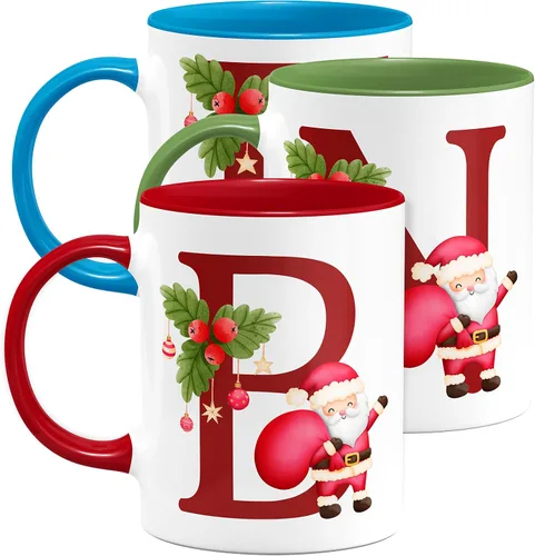 Taza de café con inicial de Navidad con tema de Papá Noel, 11 o 15 onzas, 9 colores opcionales, tazas personalizadas para niños, niños y niñas, taza