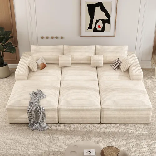 Miniatura 34 de Sofá cama seccional modular de 113", sofás de nube convertibles para sala de estar con otomana, juego de sofá cama de pana sin estructura de 6 Gris