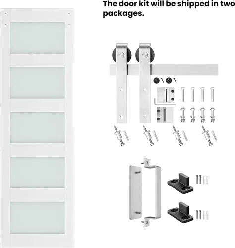 Miniatura 6 de puerta de granero de vidrio de 26'' x 84'' y kit de herrajes de níquel cepillado de 5 pies incluido, losa de puerta de granero blanca MDF con vidrio