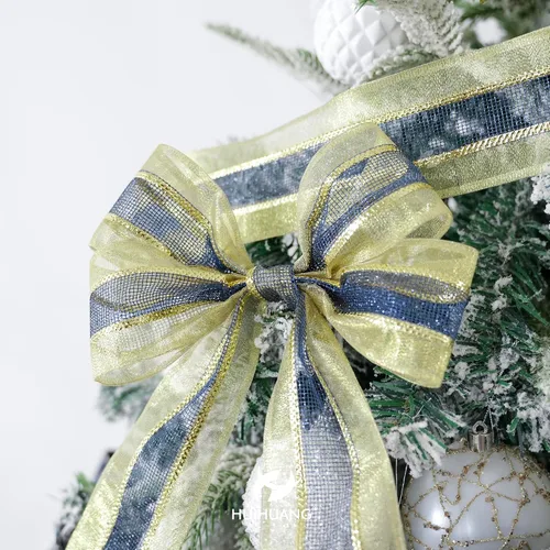 Miniatura 3 de HUIHUANG Cinta con Alambre Azul Marino y Dorado de 2.5 Pulgadas, Dorado Metálico con Cinta de Malla de Purpurina Dorada para Decoraciones de Árboles