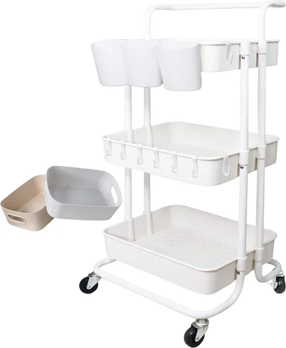Miniatura 8 de Estante organizador de almacenamiento de 3 niveles con 3 tazas colgantes, 8 ganchos, 2 cajas de almacenamiento para el hogar, oficina, cocina, baño