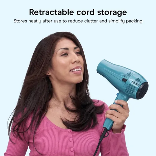 Miniatura 5 de Secador de pelo iónico Conair de 1875 W con mango plegable y guardacables, Azul Cable retráctil con mango plegable de doble voltaje de 1875 W