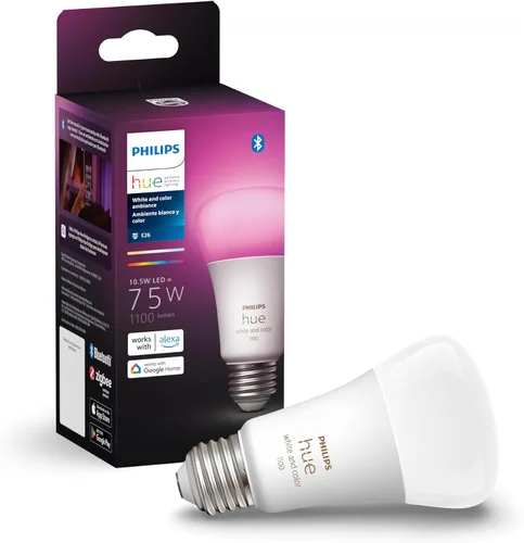 Miniatura 12 de Philips Hue Bombilla LED inteligente A19, 1 paquete, ambiente blanco y color, base E27, 9.5W, luz de espectro completo 1000K-20000K, 1100 lúmenes