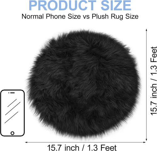 Miniatura 2 de Mini alfombra redonda negra de piel de oveja sintética de 15.7 pulgadas, alfombra circular esponjosa para silla, alfombra peluda para escritorio