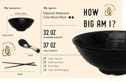 Miniatura 3 de Juego de 4 cuencos de ramen, 12 piezas Pho. Sopa japonesa asiática negra. Utensilio: cucharas y palillos. Melamina. Fideos grandes de 37 oz, arroz