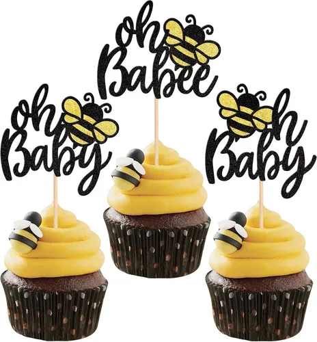 Miniatura 12 de ZHUOWEISM 1 decoración para pastel con diseño de abeja y flores con purpurina de panal de abejorros para pastel de cumpleaños, para temática