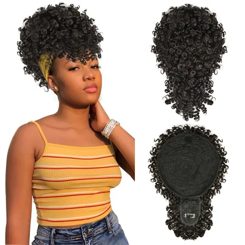 Miniatura 7 de MODSIGHT Cola de caballo afro hinchada con cordón y flequillo, moño de cola de caballo rizada crespa negra con flequillo, postizos para peinados