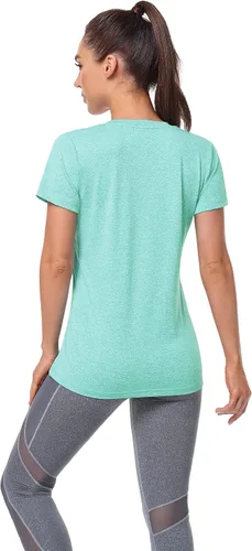 Miniatura 5 de Xelky Paquete de 3-4 camisetas de ajuste seco para mujer, de manga corta, absorben la humedad, deportivas, con cuello en V, para entrenamiento