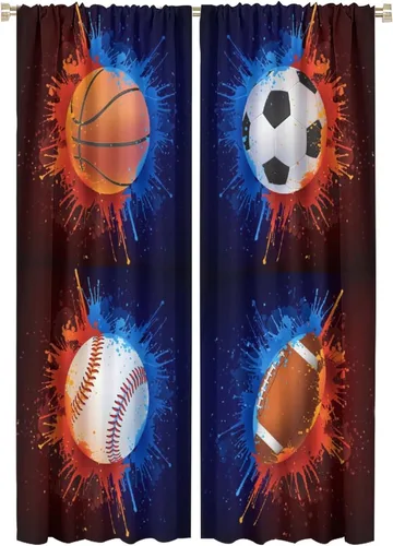 Miniatura 22 de Cortinas deportivas de baloncesto para niños, patrón de llama de bola 3D naranja, 42 pulgadas de ancho x 45 pulgadas de largo