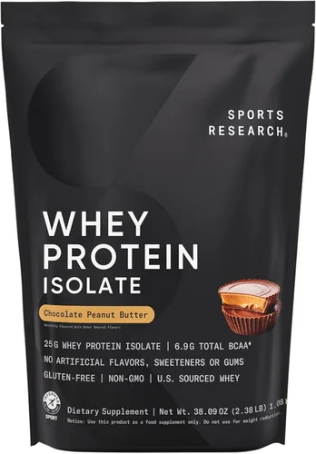 Sports Research® 100% proteína de suero aislado de chocolate mantequilla de maní – Proteína en polvo de origen estadounidense con BCAA – Sin sabores