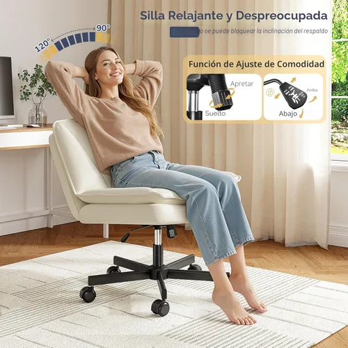Miniatura 3 de DurayLoly Silla Criss Cross con Ruedas, Silla de Oficina con Patas Cruzadas con 2 Capas de Cuero Comfty & Back, Silla de Tocador Ancha sin Brazos