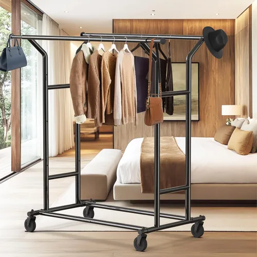 Miniatura 2 de Simple Houseware - Perchero de ropa de doble riel resistente, color negro, con capacidad de hasta 200 lbs, varilla extensible de 43 a 67 pulgadas