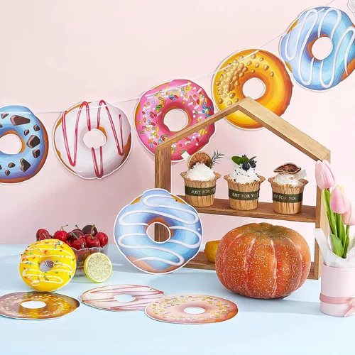 Miniatura 5 de Chinco 4 pancartas de dona para fiesta de cumpleaños, decoraciones de dona, suministros de fiesta, suministros de fiesta de remolino colgante, kit